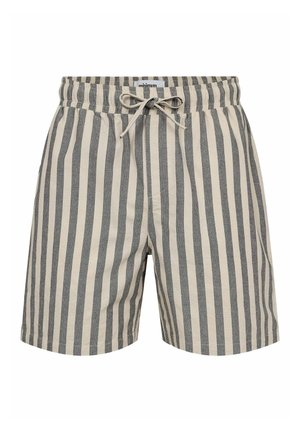 Pantalones cortos a rayas en lino beige y gris oscuro, con una cinturilla elástica y cordón de ajuste, y bolsillos laterales.