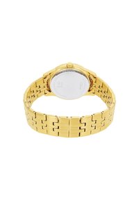 Gouden metalen polshorloge met een schakelschakelband, ronde kast en een glad, vlak transparant glas. Roestvrijstalen achterkant die gemarkeerd is met details.