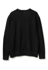 Maglione nero a maniche lunghe con collo tondo, polsini e orlo a coste, sdraiato pianamente con la parte posteriore rivolta verso l'alto su sfondo bianco.