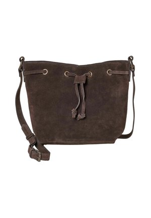 Brown suede crossbody bucket bag with adjustable strap and decorative tied drawstring closure at the front.