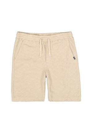 Beige korte broek gemaakt van zacht materiaal, voorzien van een elastische tailleband met trekkoord, zijzakken en een licht gestructureerde afwerking.