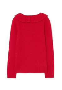 Roter gerippter Pullover mit langen Ärmeln, rundem Ausschnitt und Rüschendetail am Rücken. Weicher Stoff, mittellanger Schnitt.