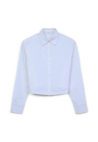 Camicia azzurra croppata, con colletto, maniche lunghe, chiusura con bottoni e texture liscia. Design semplice senza motivi o dettagli.