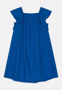 Sininen puuvillamekko, jossa on kerrostettu pääntie, levenevät hihat ja polvitason siluetti, jossa on sileä rakenne ja yksinkertainen muotoilu.