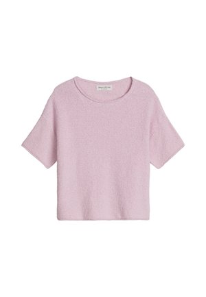 Lichtroze, korte mouwen, licht gestructureerde cropped trui met een ronde hals, weergegeven op een witte achtergrond.