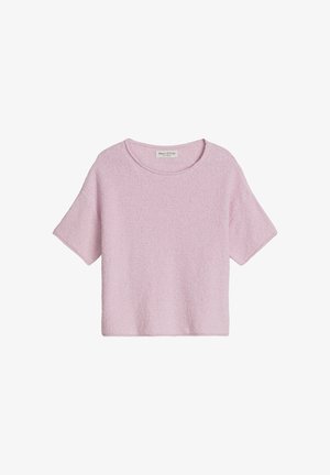 Lichtroze, korte mouwen, licht gestructureerde cropped trui met een ronde hals, weergegeven op een witte achtergrond.