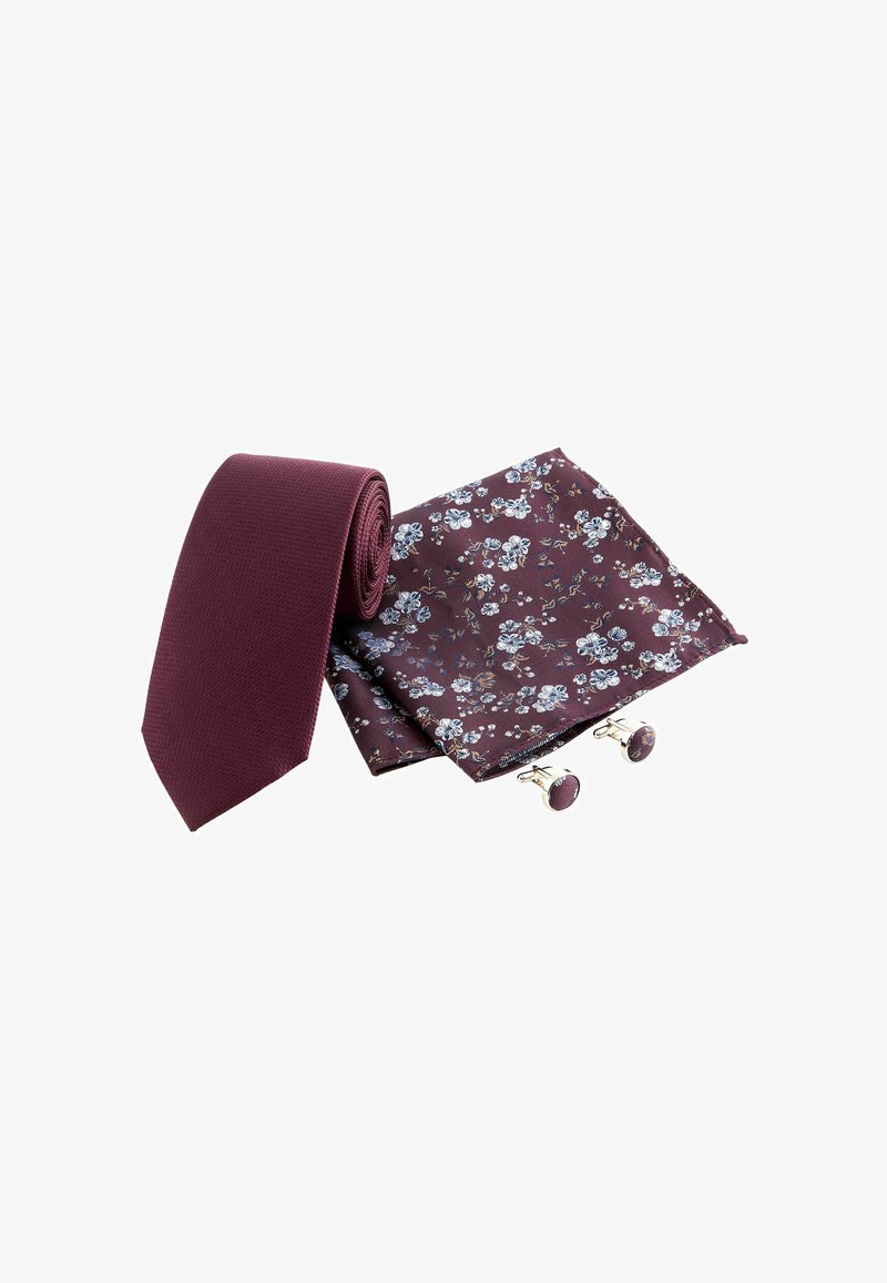 Burgundy slips från texturerad finish, ficksquare med blommönster i matchande färg och silverfärgade manschettknappar med vinröda accenter.