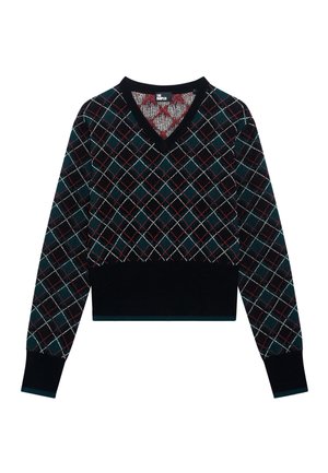 Maglione nero cropped con scollo a V e maniche lunghe, caratterizzato da un motivo a diamante verde, bianco e rosso su una superficie testurizzata.