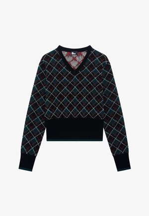 Maglione nero cropped con scollo a V e maniche lunghe, caratterizzato da un motivo a diamante verde, bianco e rosso su una superficie testurizzata.