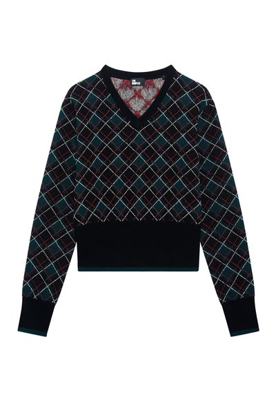 Maglione nero cropped con scollo a V e maniche lunghe, caratterizzato da un motivo a diamante verde, bianco e rosso su una superficie testurizzata.