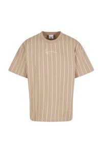 Beige short-sleeve t-shirt featuring white vertical stripes and a small signature graphic on the front. Made from soft cotton fabric.