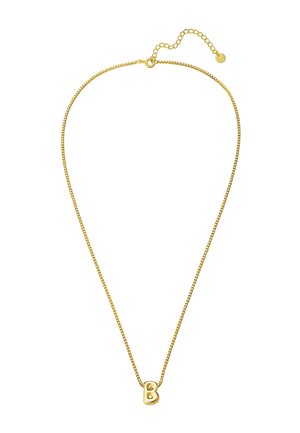 Collana in-tono oro con una catena a maglie sottili e un pendente a forma di cuore con una lettera "B" in rilievo al centro. Lunghezza regolabile.