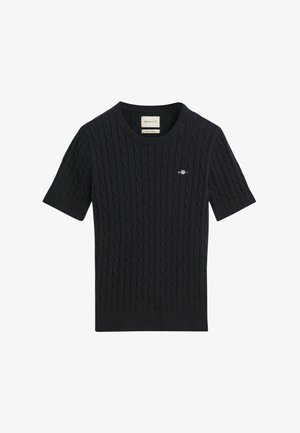 Dunkelblauer kurzärmeliger Strickpullover mit strukturiertem Zopfmuster. Hat einen runden Ausschnitt und ein kleines Logo auf der Brust.