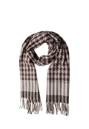 Écharpe en laine avec motifs pied-de-poule et rayures en marron et beige, avec des extrémités à franges, nouée lâchement au centre.