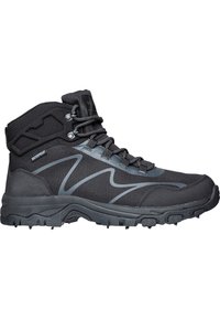 Stivale da trekking impermeabile nero con una tomaia texture, dettagli grigi, lacci robusti e suola antiscivolo resistente per una buona aderenza.