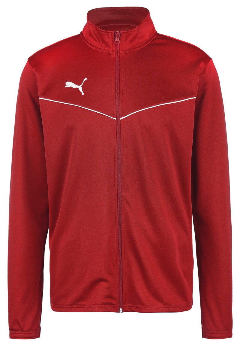 Rød sportsjakke lavet af glat polyester. Har en høj krave, fuld frontlynlås, kontrasterende hvide striber og et hvidt logo på brystet.