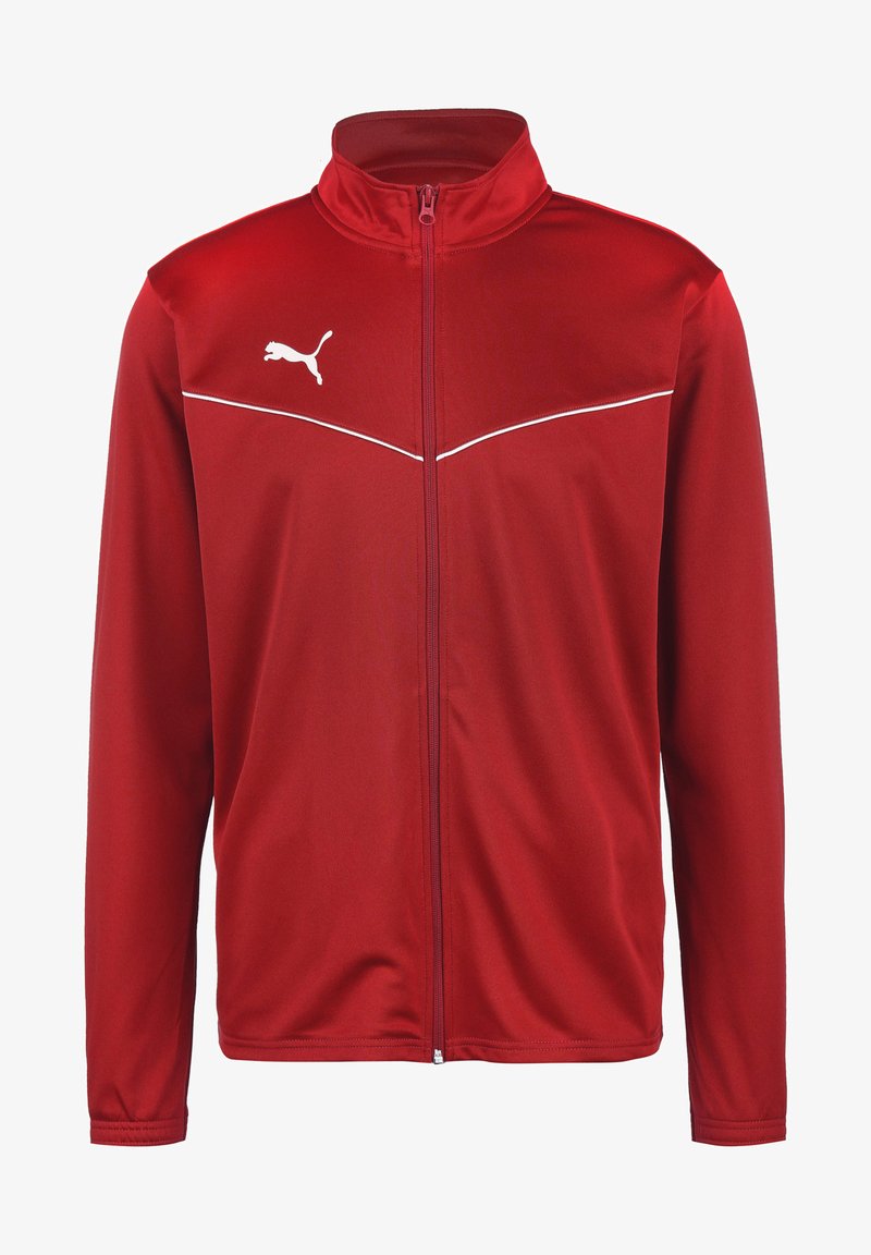 Rød sportsjakke lavet af glat polyester. Har en høj krave, fuld frontlynlås, kontrasterende hvide striber og et hvidt logo på brystet.