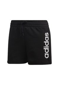 Shorts noirs Adidas avec taille élastique et cordon, avec un grand logo vertical blanc "adidas" sur la jambe droite.