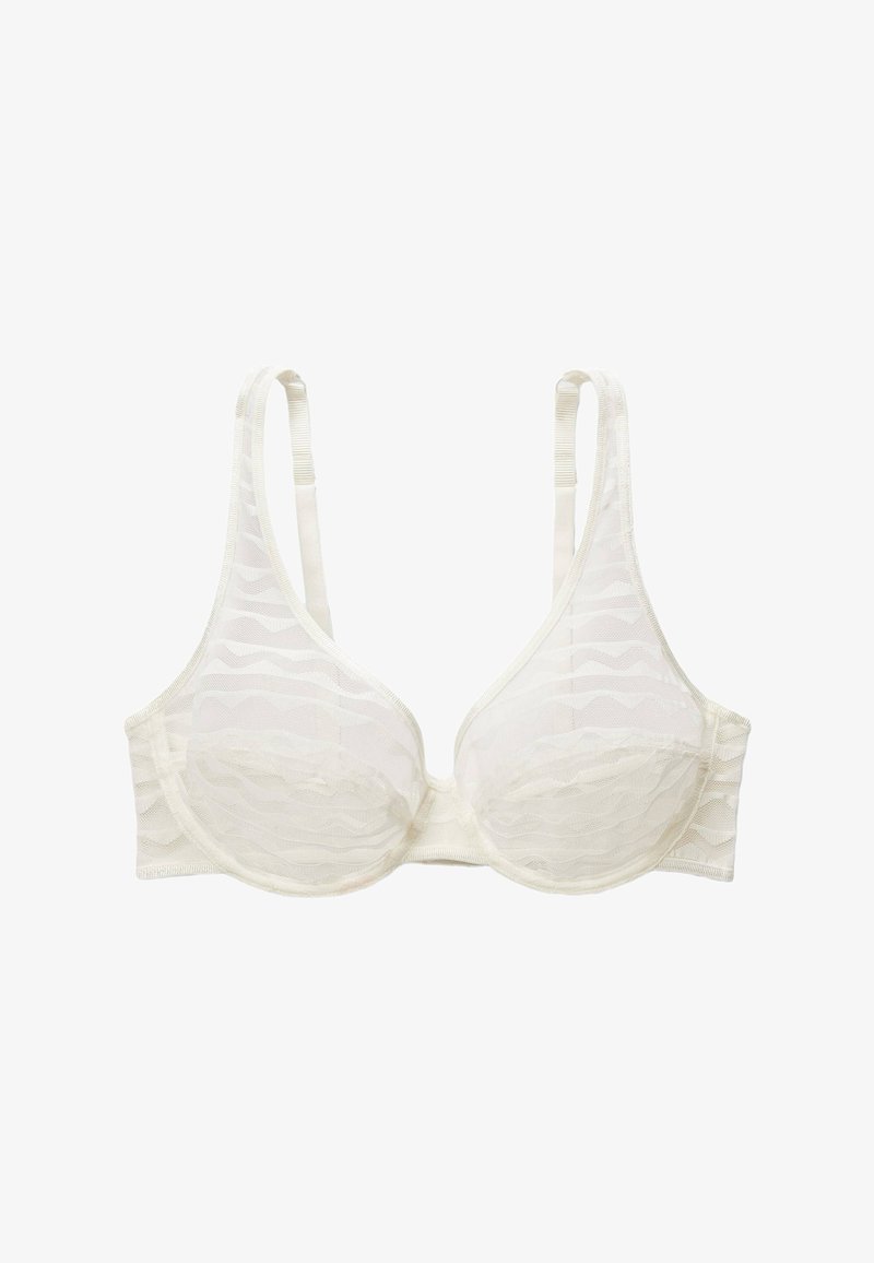 Soutien-gorge blanc avec une texture lisse, un soutien par armatures et un motif en vagues en superposition. BretellesAdjustables et fermeture standard à crochet à l'arrière.