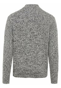 Grauer Strickpullover mit strukturierter Oberfläche, lange Ärmel, Rundhalsausschnitt und gerippte Bündchen sowie Saum. Keine sichtbaren Verschlüsse oder Logos.