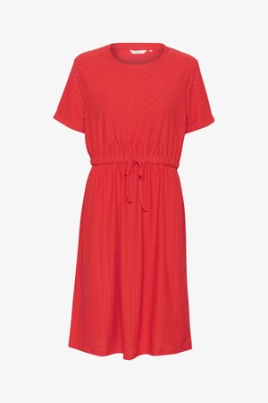 Red, short-sleeved dress featuring a round neck, elastic waistband, and eyelet texture with a loose, flowing design.