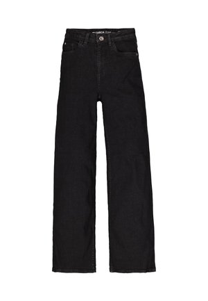 Black high-waist wide-leg jeans with front button closure and five-pocket design, displayed on a white background.