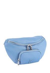 Borsa in nylon blu a vita con forma curva, dotata di una chiusura a cerniera argentata, tasca frontale e dettaglio in rilievo con la lettera "B".