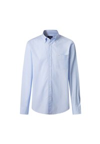 Camicia azzurra a maniche lunghe con bottoni, presenta strisce bianche, colletto a punta, taschino sul petto e un'etichetta con logo sul lato superiore sinistro.
