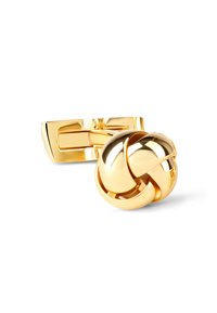 Goldene Manschettenknöpfe mit einem geknoteten, kugelförmigen Design, das eine glatte, glänzende Textur und eine rechteckige Rückseite aufweist.