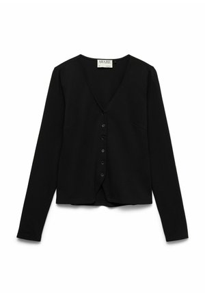 Svart langermet cardigan med knappestolpe, V-hals og tettsittende silhuett, vist flatt på hvit bakgrunn.