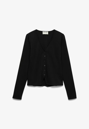 Cardigan noir à manches longues avec boutons, col en V et silhouette ajustée, présenté à plat sur fond blanc.