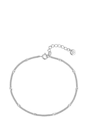 Bracciale in argento con design testurizzato e decorazioni a forma di stella, lunghezza regolabile con chiusura a moschettone e catena di estensione.