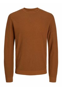 Sweater marrone a coste con maniche lunghe, collo rotondo e tessuto testurizzato. Design semplice con silhouette aderente. Abbigliamento casual classico.