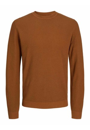 Pull en maille côtelée marron avec manches longues, col rond et tissu texturé. Design simple avec une silhouette ajustée. Vêtements décontractés classiques.
