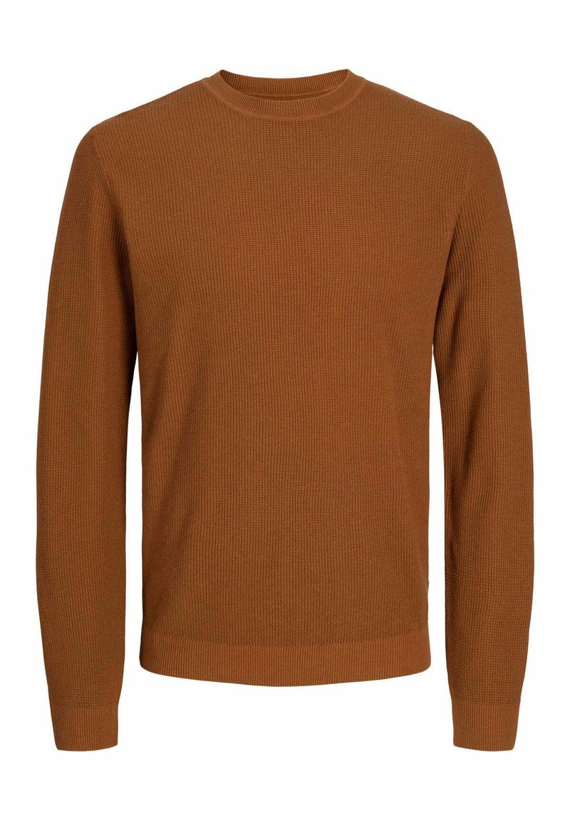 Sweater marrone a coste con maniche lunghe, collo rotondo e tessuto testurizzato. Design semplice con silhouette aderente. Abbigliamento casual classico.