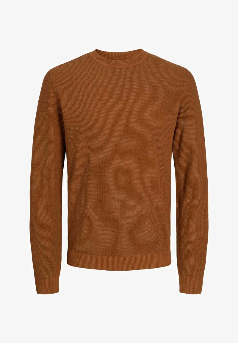 Pull en maille côtelée marron avec manches longues, col rond et tissu texturé. Design simple avec une silhouette ajustée. Vêtements décontractés classiques.