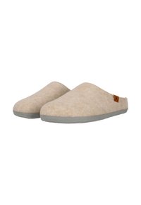 Tofsar i ull i beige med en mjuk textur, med en grå gummisula och en liten brunt läderetikett på sidan.