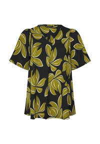 Blouse noire à manches courtes avec un motif de feuilles vertes et blanches. Dotée d'un design croisé et de détails plissés pour plus de texture.