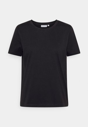 T-shirt en coton noir avec un col rond et des manches courtes. Il présente un logo discret près de la poitrine, une texture lisse et une coupe classique.