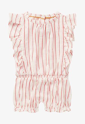 Monos de rayas en blanco con líneas verticales rojas y doradas. Presenta mangas con volantes, un escote redondo y cierres a presión en la parte inferior.