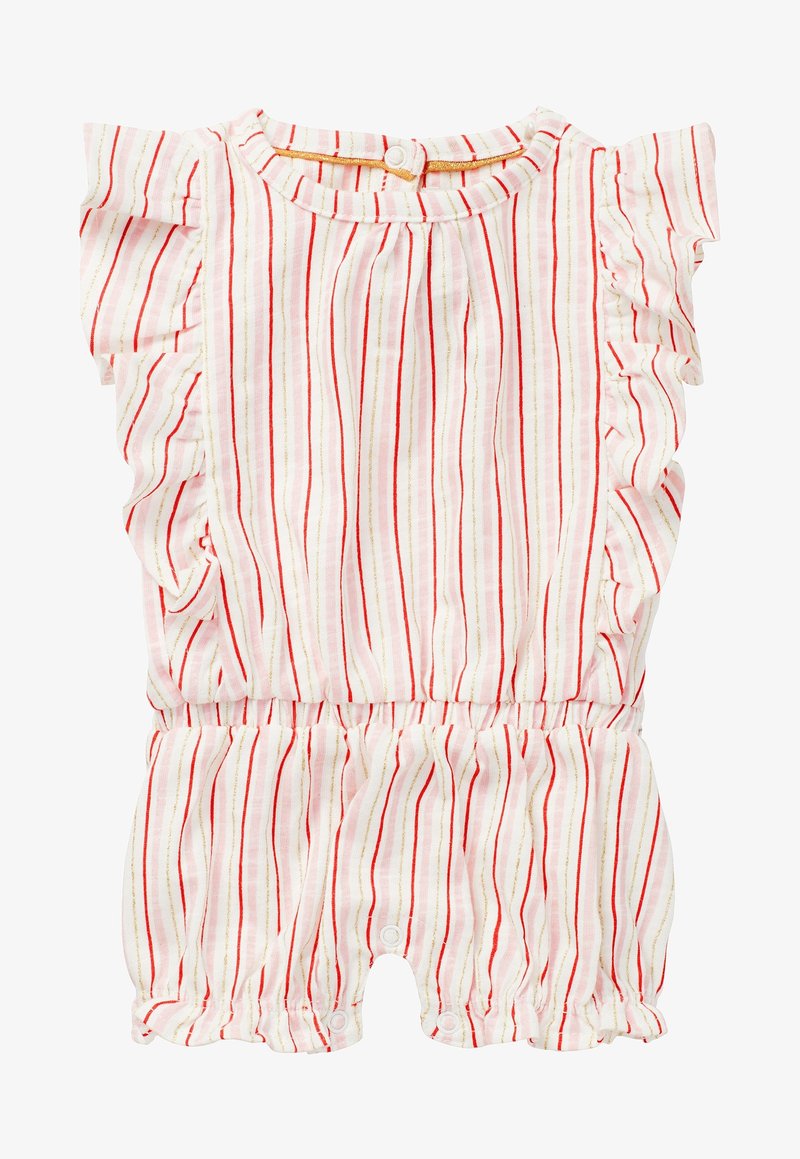 Pruhovaný overal v bílé barvě se svislými červenými a zlatými pruhy. Má volánkové rukávy, kulatý výstřih a systém zapínání na patentky na spodní části.