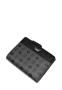 Schwarze Geldbörse mit geprägtem Blumen- und Logo-Muster, Reißverschluss und schlankem Design. Aus strukturiertem Leder mit silbernem Akzent gefertigt.