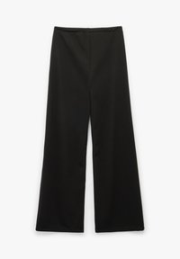 Zwarte wijde broek met een gladde, matte textuur. Geen zichtbare hardware of patronen; heeft een eenvoudig, strak ontwerp en een middelhoge taille.