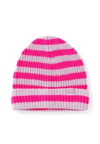 Gebreide beanie met afwisselende roze en lichtgrijze strepen. Heeft een omgeslagen rand en een klein logo label aan de zijkant. Zachte textuur.