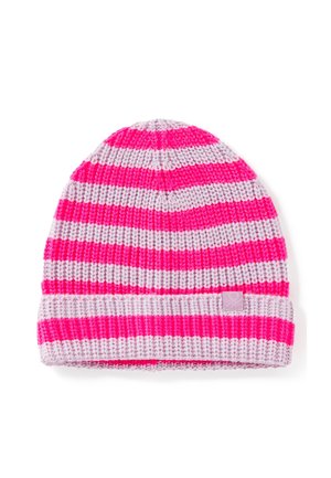 Strickmütze mit wechselnden rosa und hellgrauen Streifen. Besitzt einen umgeschlagenen Rand und ein kleines Logoschild an der Seite. Weiche Textur.
