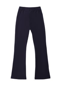 Navyblauwe, stretch stof broeken met een uitlopende snit, elastische tailleband en een gladde textuur. Geen zichtbare patronen of hardware details.