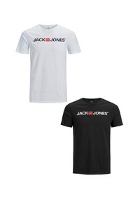 Zwei Kurzarm-T-Shirts: eines in Weiß und eines in Schwarz, aus Baumwolle, mit dem "JACK & JONES" Logo in fetten Buchstaben auf der Vorderseite.