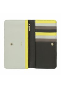 Portafoglio pieghevole in pelle grigio chiaro e nero, caratterizzato da un accento giallo con slot per carte a strisce multicolori e un compartimento con zip.