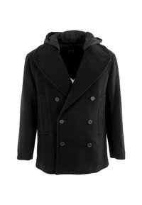 Abrigo peacoat de lana negra con cierre de doble botón, grandes solapas y una capucha acolchada en contraste. Incluye bolsillos laterales y un tejido texturizado.