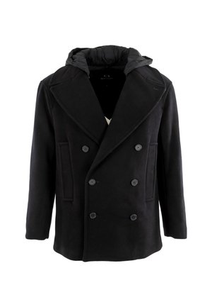 Abrigo peacoat de lana negra con cierre de doble botón, grandes solapas y una capucha acolchada en contraste. Incluye bolsillos laterales y un tejido texturizado.